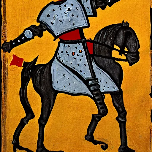 Image similar to one - armed medieval armored knight with bucket on his head, painting