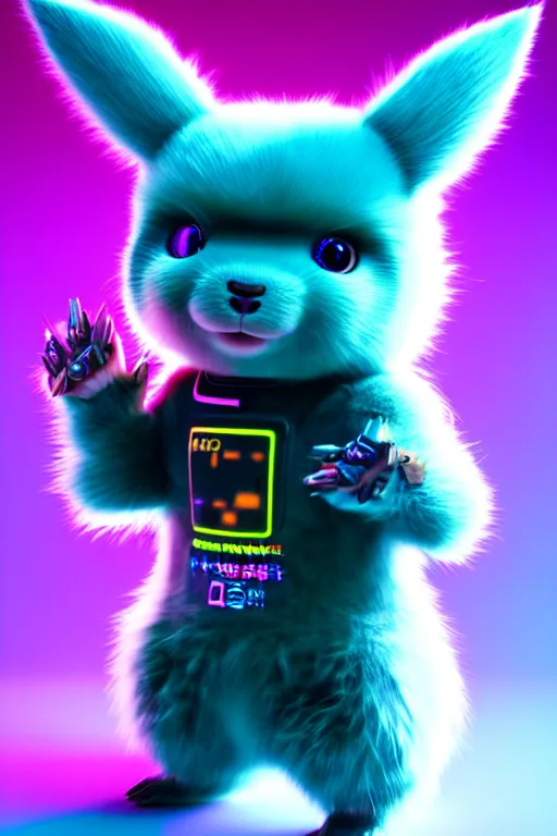 Image similar to high quality 3 d render cyberpunk very cute multicolored fluffy! wombat cyborg, mechanical paw, highly detailed, vray smooth, in the style of detective pikachu, hannah yata charlie immer, cinematic neon blue light, low angle, uhd 8 k, sharp focus