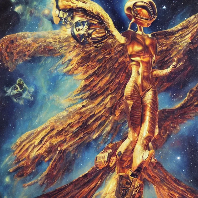 Image similar to an alien angel in space, with abstract wings and arms outstretched. pulp sci - fi art for omni magazine. high contrast. baroque period, oil on canvas. renaissance masterpiece. trending on artstation. retrofuturism