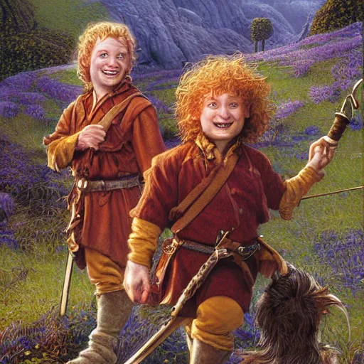 Image similar to halflings hobbits Merry and Pippin by Mark Brooks, Donato Giancola, Victor Nizovtsev, Scarlett Hooft, Graafland, Chris Moore