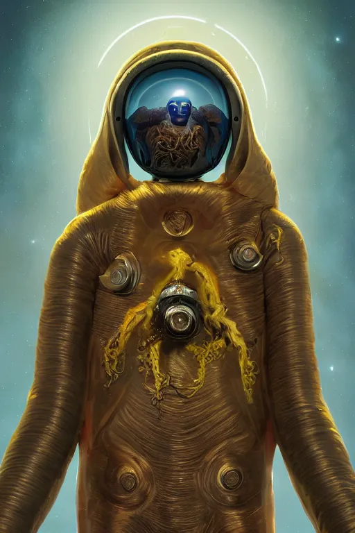 Prompt: biblical daemonic squid wearing a spacesuit, second coming, centered, portrait by Greg Hildebrandt, studio lighting, muted colors, by Terry Richardson, by Leonardo DaVinci, by Beeple, ultrarelistic, extreme detail, caustics, trending on Artstation, 8K, octane renderer, rtx on