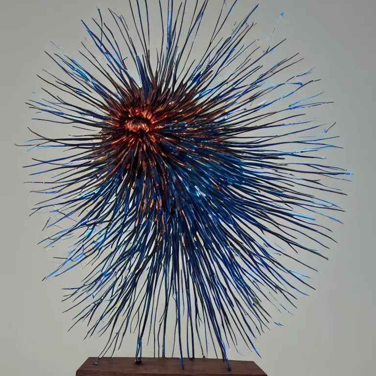 Prompt: hyperrealistic sculpture of a bronze ancient fossilized sea urchin arched shape with opalescent blue and iridescent red spraypaint in a plywood grid cage on a pedestal by ron mueck and duane hanson and lee bontecou, hyperrealistic dramatic colored lighting trending on artstation 8 k