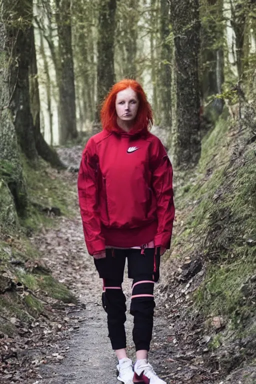 Image similar to beautiful red haired british woman in techwear, techwear look and clothes, Nike ACG, ACRNYM, Errolson Hugh, Y3, trending on r/streetwear, outfit photo, we see them from head to toe