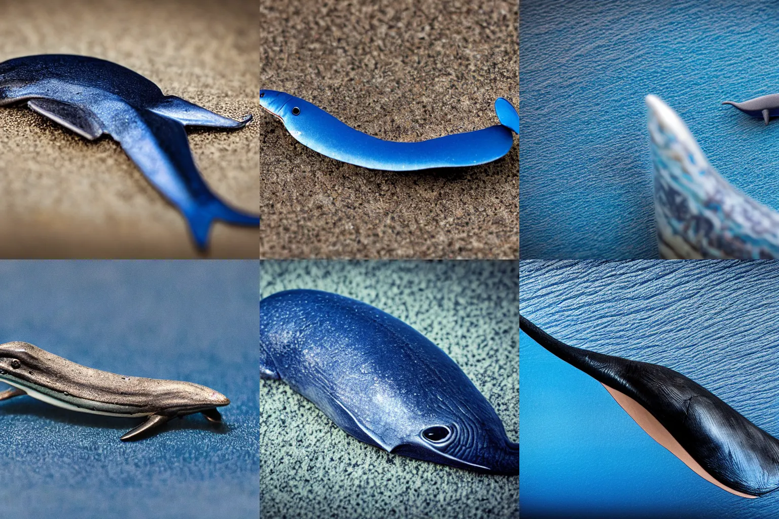 Prompt: realistic photo of miniature blue whale, macro photo, tilt shift, extreme detail, nikon 1 0 - 2 4 mm