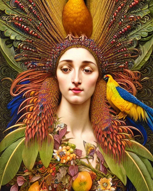 Image similar to hyperrealistic detailed face portrait of the beautiful goddess of the golden pheasants with an intricate headgear of golden pheasant, red berries, leaves, field flowers, pears, apples, art by ernst haeckel, john william godward, android jones, alphonso mucha, h. r. giger, gothic - cyberpunk, ornamental, beautiful deep colours,