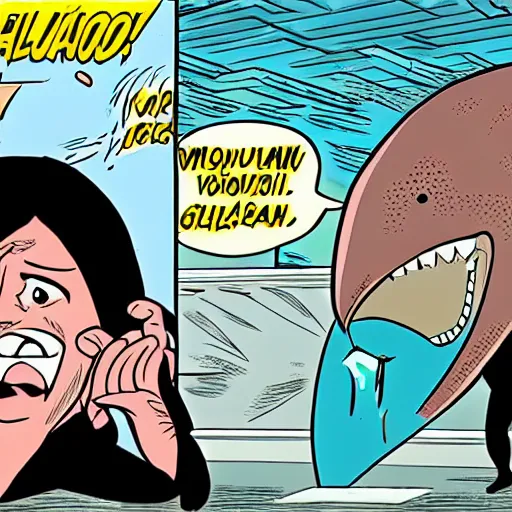 Image similar to portrait of a megalodon talking on the phone, comic book style.