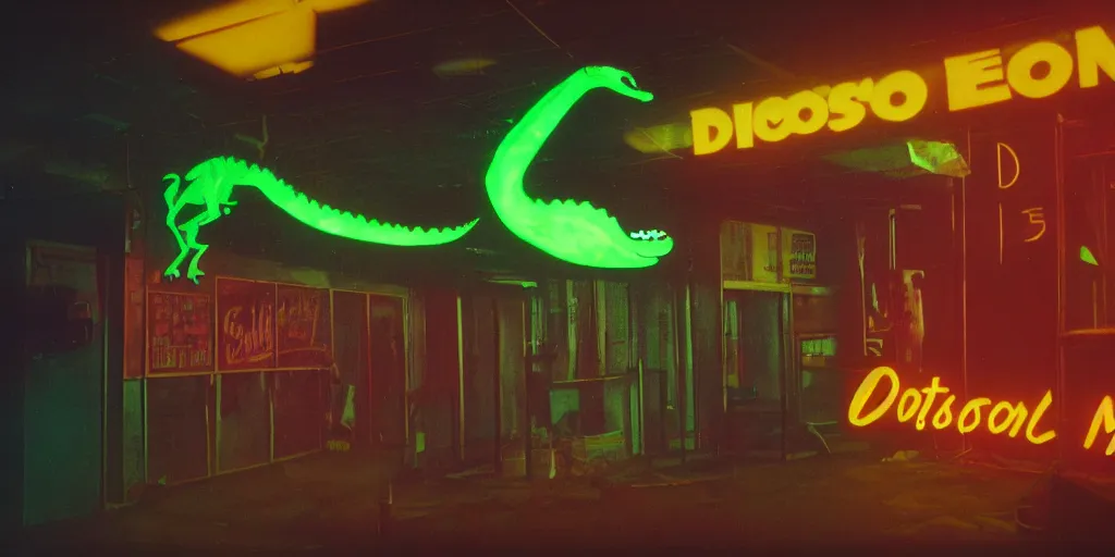 Prompt: movie still, dinosaur as neon sign, inside of a 1 9 7 0 s street, neon lights, ektachrome photograph, volumetric lighting, f 8 aperture, cinematic eastman 5 3 8 4 film
