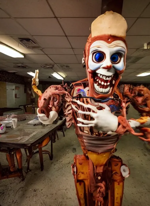 Prompt: a nightmarish animatronic in an abandoned family restaurant