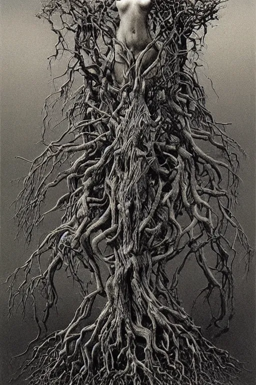 Image similar to zdzisław beksinski painting. tangling tree restraining a woman, highly detailed, many roots, disturbing, unsettling, intricate, beautiful