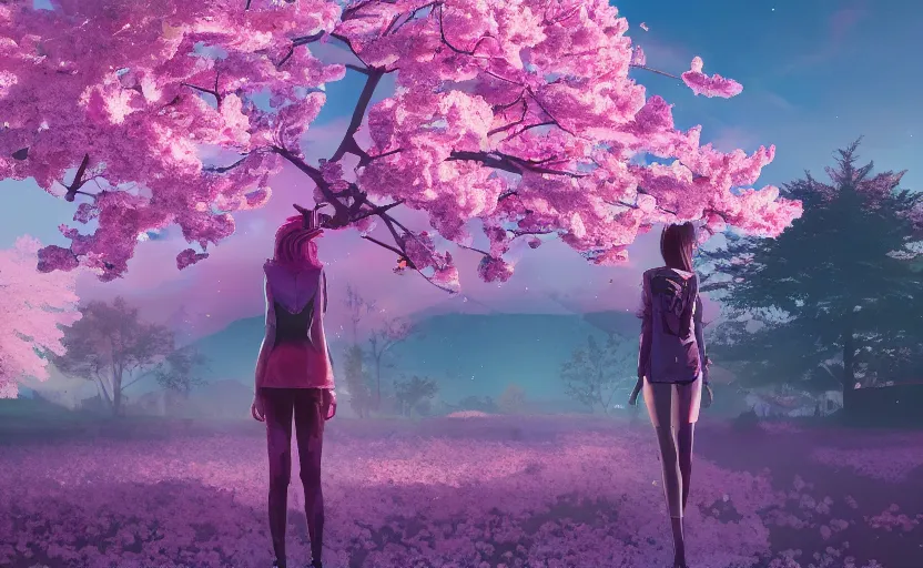 Image similar to queen of cherry blossoms, Low level, rendered by Beeple, Makoto Shinkai, syd meade, simon stålenhag, synthwave style, digital art, unreal engine, WLOP, trending on artstation, 4K UHD image, octane render,