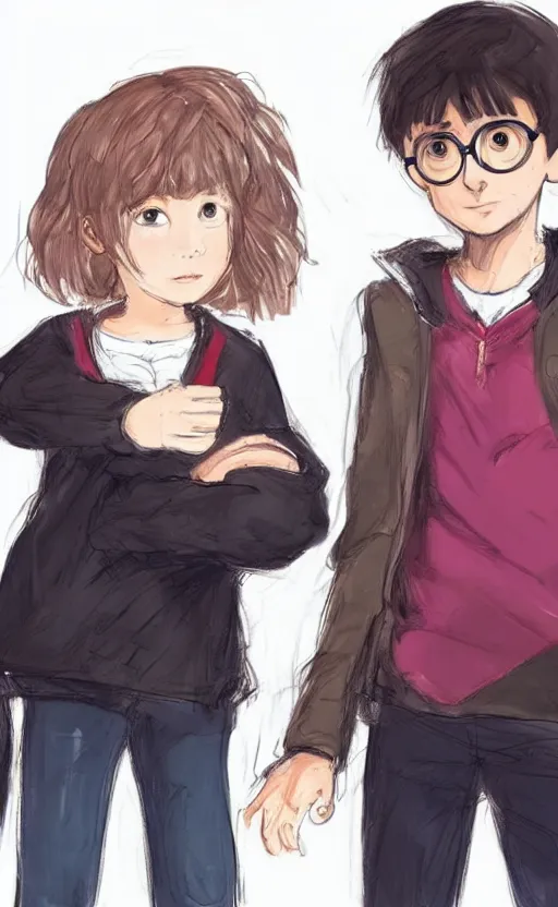 Prompt: a concept art of Hermiona’s and Harry Potter’s son looking at camera