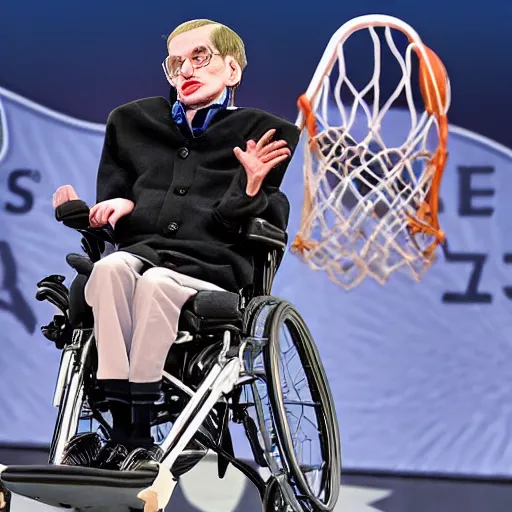 Image similar to photograph of stephen hawking flying through the air on flying wheelchair, dunking, side view, highlights of the 2 0 1 9 nba slam dunking contest