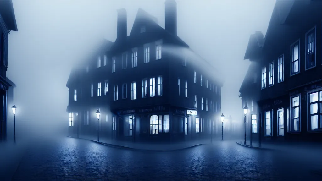 Image similar to the old town with houses in the windows of which the light is on. early morning, fog. mike barr painting. volumetric light, derk blue ambient, noir arthouse, 3 5 mm, hight detalied, hd, 4 k