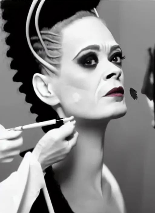 Image similar to video still from instagram, the bride of frankenstein doing a make up tutorial