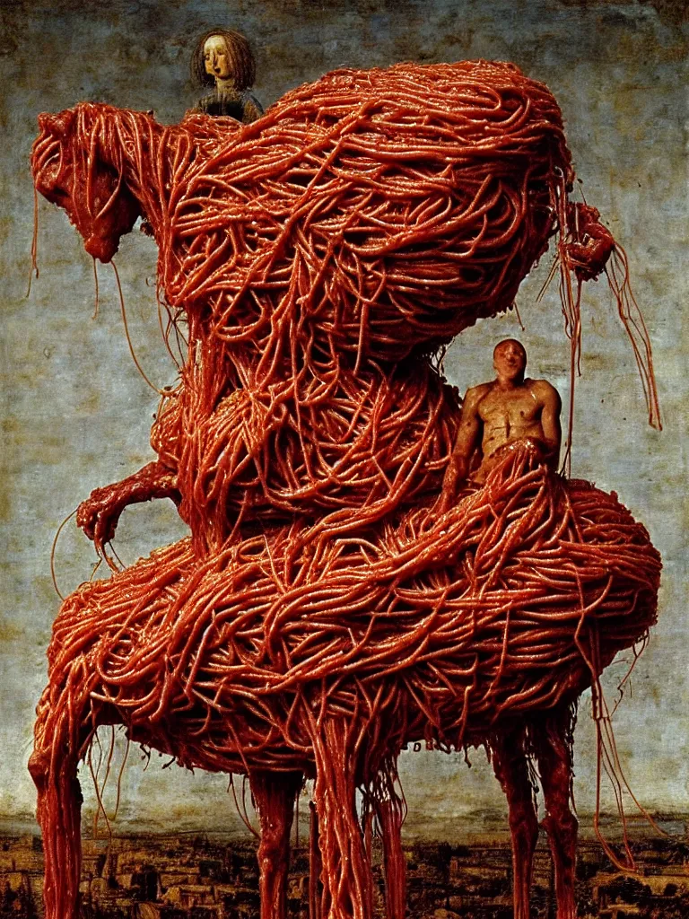 Image similar to a boy made of spaghetti and tomato sauce, sitting on top of a horse made of meat, by giuseppe arcimboldo and ambrosius benson, renaissance, intricate and intense oil paint, a touch of beksinski and hr giger and edward munch, realistic