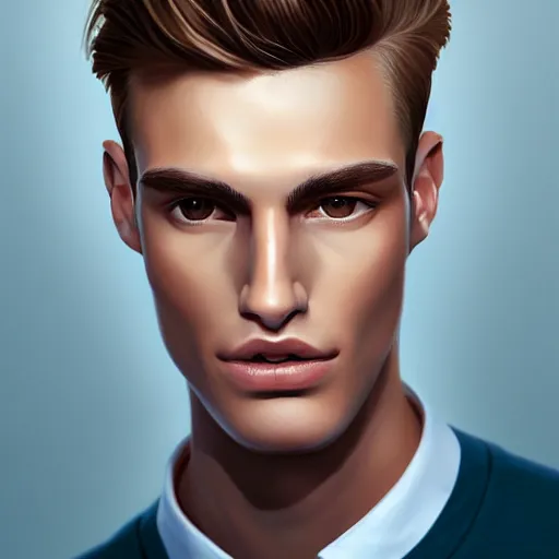 Image similar to tall man in his twenties with brown blond short quiff hair and thin slightly round facial structure with cleft chin, straight eyebrows and prominent nose, good definition of cheekbones, big hazel nut brown eyes, narrow face, slim body, atmospheric lighting, painted, intricate, 4 k, highly detailed by charlie bowater