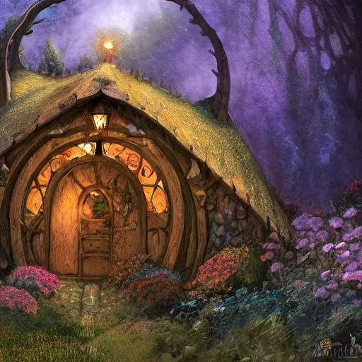 Prompt: a medieval hobbit house made of jelly, ornate, beautiful, atmosphere, vibe, flowers, concept art illustration, color page, 4 k, tone mapping, doll, akihiko yoshida, james jean, andrei riabovitchev, marc simonetti, yoshitaka amano, digital illustration, greg rutowski, volumetric lighting, sunbeams, particles