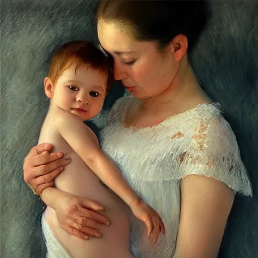 Prompt: pure love is patient love is kind, mother and child ; photorealistic oil painting by mary cassatt ; highly detailed cute faces by wlop ; trending on artstation ; 8 k high resolution, symmetrical, cinematic, high coherence, golden ratio, rule of thirds, perfectly centered ; anatomically correct faces