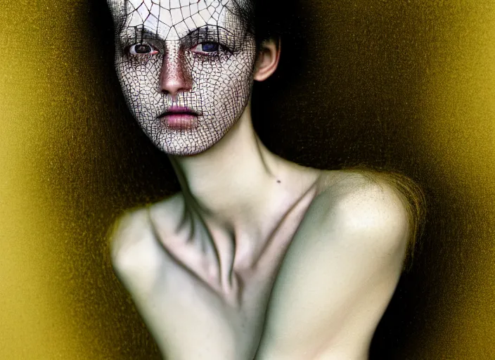 Prompt: Kodak Portra 400, 8K, soft light, volumetric lighting, highly detailed, britt marling style 3/4 , fine art portrait photography of a beautiful woman by Paolo Roversi, face and body merging with luminescent spiderwebs, symbolic metamorphosis complex 3d render , 150 mm lens, art nouveau fashion embroidered,bust with intricate details, elegant, hyper realistic, ultra detailed, octane render, underwater soft colours, emotionally evoking, head in focus, fantasy, elegant, soft blur background light, volumetric lighting, highly detailed, Refined, Highly Detailed, soft lighting colors scheme, fine art photography, Hyper realistic, photo realistic