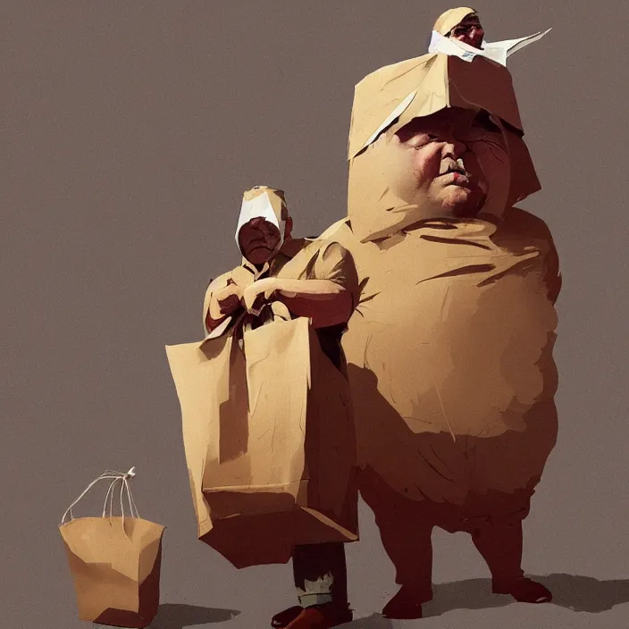 Image similar to melted old fat man portrait with a paper bag over the head, in paper bag clothing, holding a stack of paper bags, highly detailed, artstation, art by ian mcque, ilya kuvshinov, zdislav beksinski, wayne barlowe, edward hopper