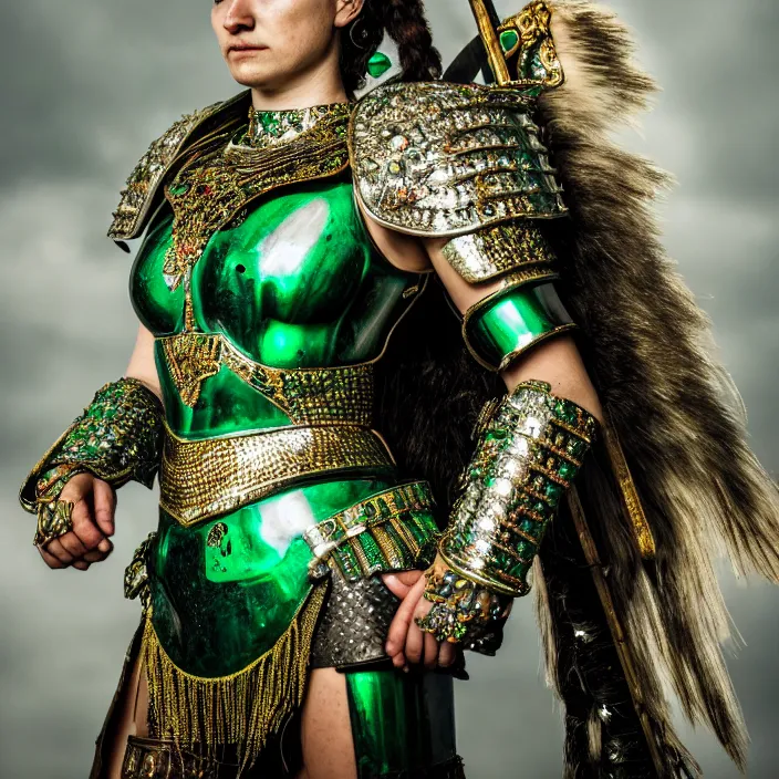 Prompt: full length photo of a beautiful warrior queen wearing emerald encrusted armour, highly detailed, 4 k, hdr, smooth, sharp focus, high resolution, award - winning photo