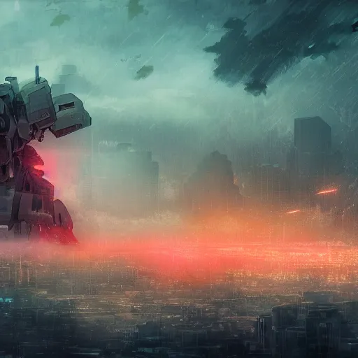 Prompt: a large creature in the fog covering a city. rain storm. in anime style, dark color. explosions, ultra wide angle, panoramic, fish eye, colorfull painting, centered, front, horizont, outline, stars, gundam, mech, detailed, art by stephan martiniere, 4 k resolution