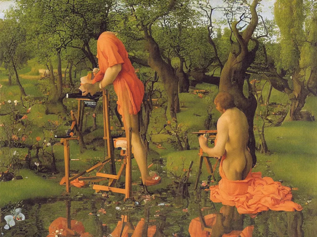 Image similar to Portrait of an artist painting at his easel knee deep in a river. Humanoid rocks, coral-like pebbles, spring orchard in bloom. Painting by Jan van Eyck, Georges de la Tour, Rene Magritte, Jean Delville, Max Ernst