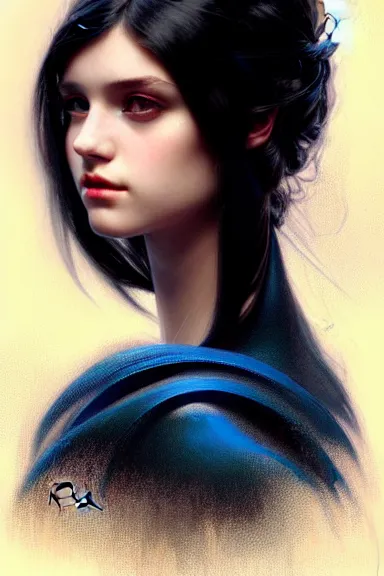 Image similar to portrait of teenage girl with long glossy black hair, blue eyes, glowing skin, fashion model features, fantasy, intricate, elegant, black dress, highly detailed, digital painting, artstation, concept art, smooth, sharp focus, illustration, art by Krenz Cushart and Artem Demura and alphonse mucha