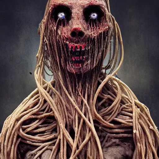 Image similar to a strange eerie scary shadowy figure made of spaghetti, surrounded by demons, mysterious, horror, concept art, detailed, award - winning, cinematic, octane render, 8 k, photorealistic, by emil melmoth, by wayne barlowe