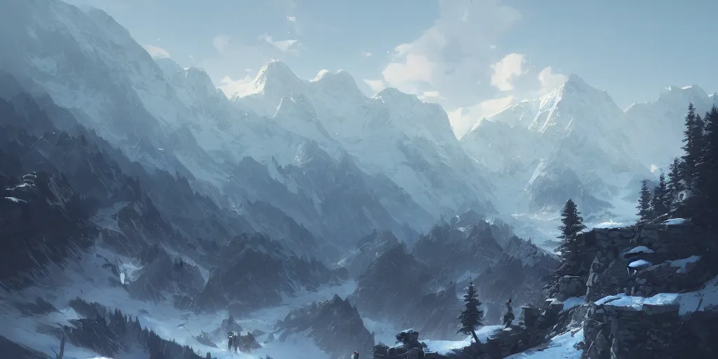 Prompt: beautiful alps landscape, magnificent, luxury, detailed, sharp focus, close up, high detail, volumetric, illustration, cold lighting, by jordan grimmer and greg rutkowski, trending on artstation, pixiv