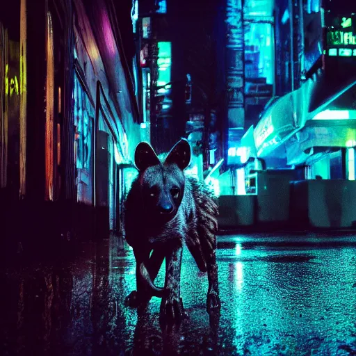 Image similar to a high quality low wide angle photo of a hyena on the streets of a cyberpunk city, rainy, reflective ground, neon lights, realism, 8k