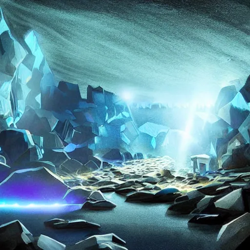 Image similar to a diamond mine, lots of diamonds unearthed, a lights is being reflected all around the dark cave mine, luminous Color’s, murial art, concept art.