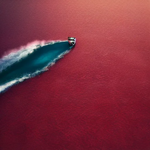 Prompt: a lonely boat floating in the turbulent red ocean, tsunami, fierce huge waves, dangerous depressing atmosphere, dark tone, illustration, aerial view, evil, artstation, octane render