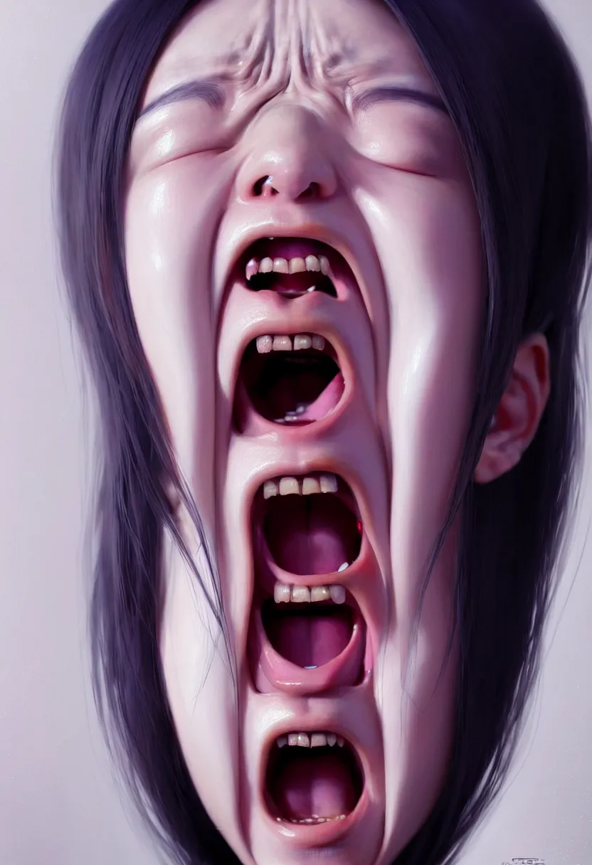 Image similar to beautiful render of a face, waist up portrait of a futuristic cute japanese teenage girl screaming in anger and frustration, intricate, elegant, highly detailed, digital painting, artstation, concept art, smooth, sharp focus, octane render, dramatic lighting, symmetry, symmetrical face, ONE FACE, headshot, art by greg rutkowski and wlop