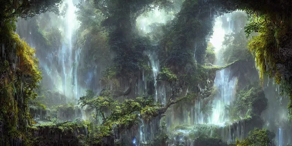 Image similar to a digital painting of a cave entrance in a mystical forest with waterfalls and vines hanging from trees, fireflies glowing in various colors, desaturated, a detailed matte painting by stephan martiniere, cgsociety, fantasy art, matte painting, concept art, fractalism, night