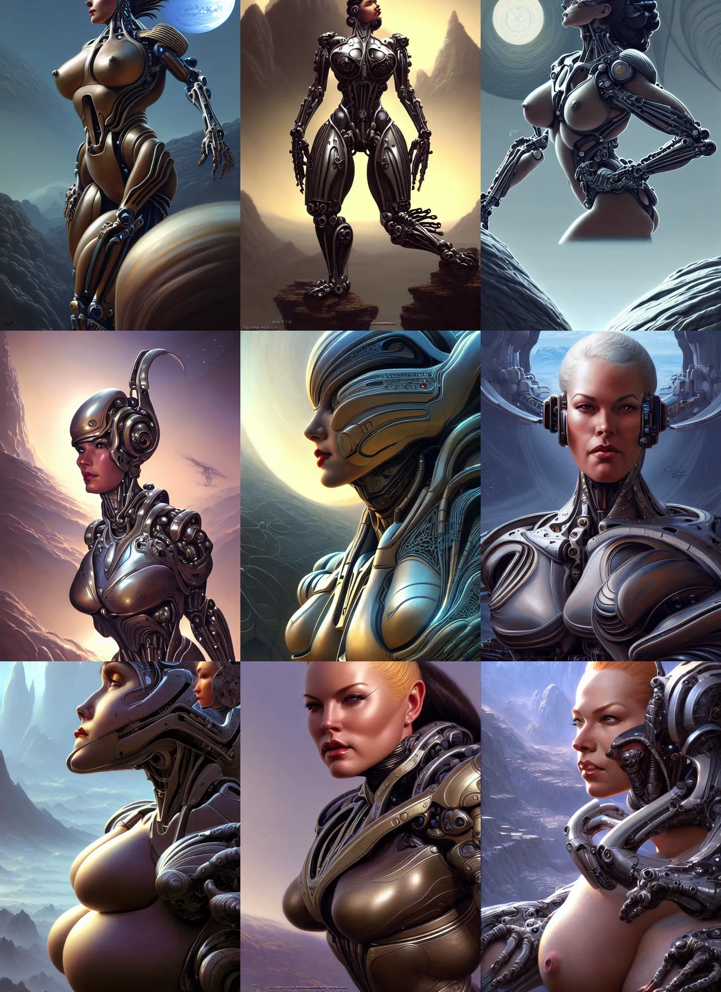 Prompt: closeup portrait shot of a large strong female biomechanic woman in a scenic scifi environment, intricate, elegant, highly detailed, centered, digital painting, artstation, concept art, smooth, sharp focus, warframe, illustration, hajime sorayama, gil elvgren, clyde caldwell, gerald brom, craig mullins, ferdinand knab