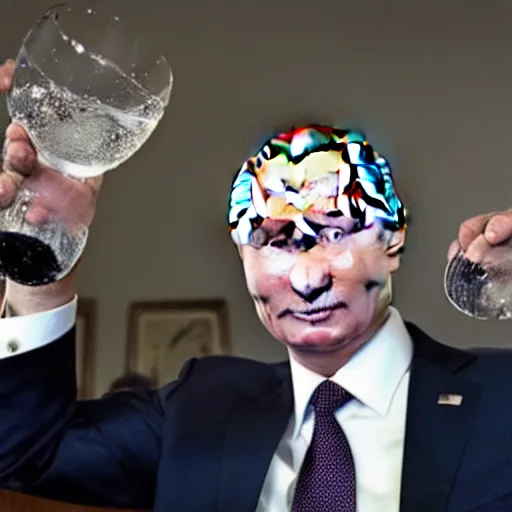 Prompt: putin throwing a glass of water at biden face
