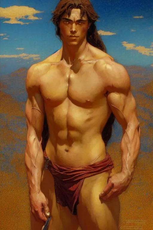 Image similar to tales of earthsea, attractive muscular male character design, painting by gaston bussiere, craig mullins, j. c. leyendecker, tom of finland