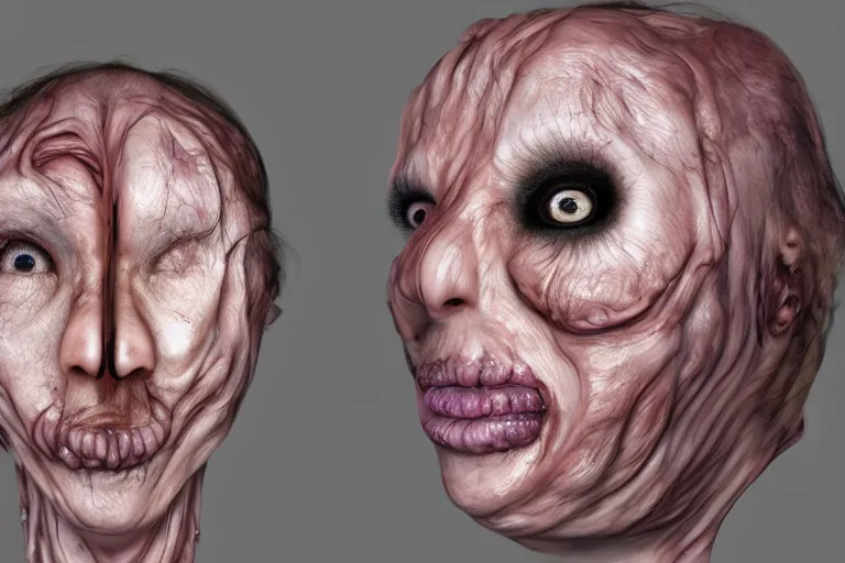 Image similar to a horrific photograph of a disgusting amorphous blob!!!!!!!!!!, failed cosmetic surgery, ( ( ( ( ( ( ( ( lip filler ) ) ) ) ) ) ) ), 8 k, volumetric lighting, unreal engine, ultra - realistic, grotesque, nightmare fuel, dripping skin, david cronenberg, ren and stimpy