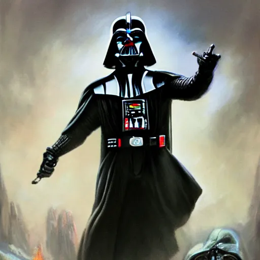 Prompt: an ultra - realistic portrait painting of darth vader in the style of frank frazetta. 4 k. ultra - realistic. highly detailed. dark fantasy. epic lighting.