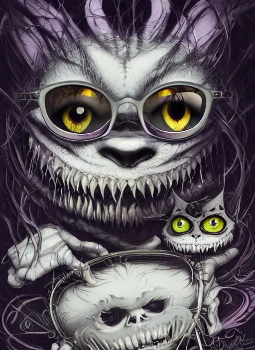 Prompt: cheshire cat, angry, scary, cheeky, sunglasses, skull, highly detailed, cinematic, 8 k, by megan duncanson, benjamin lacombe, stanley artgermm, tom bagshaw, craig mullins, carne griffiths, ayami kojima, beksinski, giger, trending on deviantart, hyper detailed, horror, full of colour