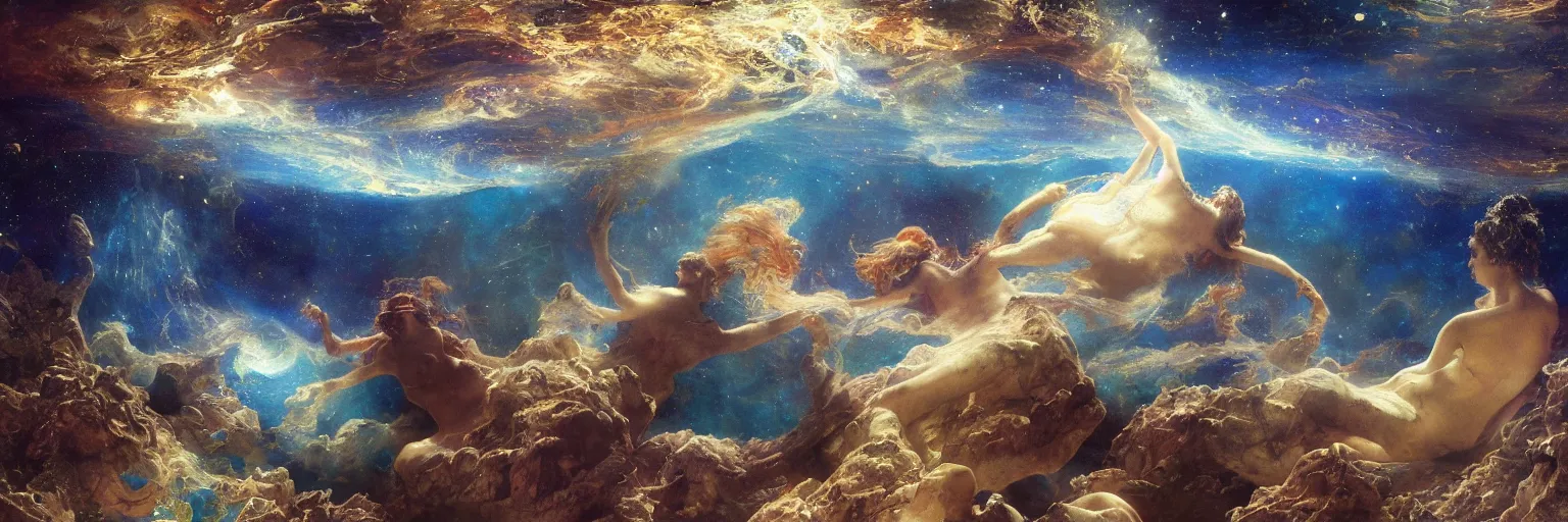 Prompt: flowing universe under sea with visible translucent beautiful waves trough which you can see the multicoloured universe and galaxies, concept art, decorative, lawrence alma - tadema, frank frazetta, anders zorn, t, cinematic lighting, volumetric lighting, cinematic composition, intricate, scary and stunningly beautiful, masterpiece, award winning, trending on artstation