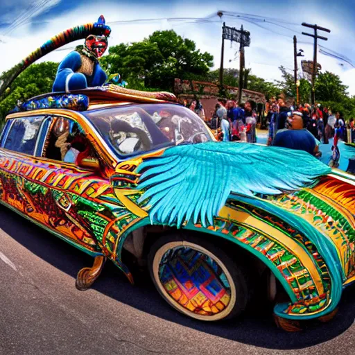 Prompt: wide angle panoramic photo of an indigenous cholo shaman dressed with a quetzalcoatl feathered serpent driving a convertible lowrider car in brooklyn in 2 0 5 0