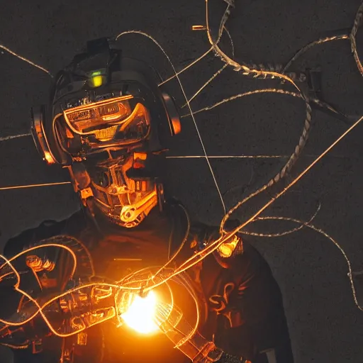 Image similar to cyborg with gatlinger gun hands, tangles of metallic cables, dark messy smoke - filled cluttered workshop, dark, dramatic lighting, orange tint, sparks, plasma charges, cinematic, highly detailed, sci - fi, futuristic, movie still