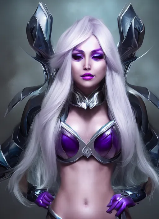 Image similar to syndra, from league of legends, white hair, purple magic, hyper detailed, digital art, au naturel, with abs, trending in artstation, cinematic lighting, studio quality, smooth render, unreal engine 5 rendered, octane rendered, art style by klimt and nixeu and ian sprigger and wlop and krenz cushart