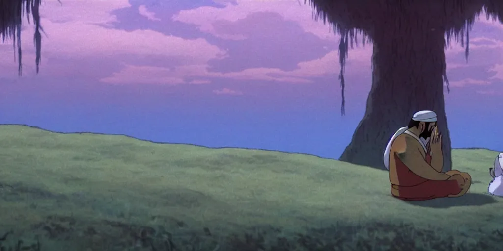 Image similar to a cell - shaded cartoon movie still from princess mononoke ( 1 9 9 7 ) of a middle eastern imam kneeling in prayer. a golden ufo is in the sky. very dull muted colors, hd, 4 k, hq