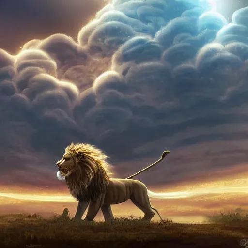 Image similar to the ancient world, hyper complexity, highly detailed, cinematic lighting, pastel colored sunrise, flying robotic lions with gold metal huge wings on the back in the sky, sharp outlines, complete whole lion body, another sleeping lion face in the clouds watching each other, hyperrealistic, trending on pixiv fanbox, love death robot,