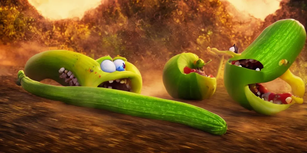 Image similar to detailed 3 d render of a raging zucchini character with a ninja sword running on dirt road, scared tomates scattered everywhere, high speed action, explosions, dramatic scene, hyper realistic octane render, cinematic lighting, splatter, deviantart, black sky, lowbrow, frame from pixar movie