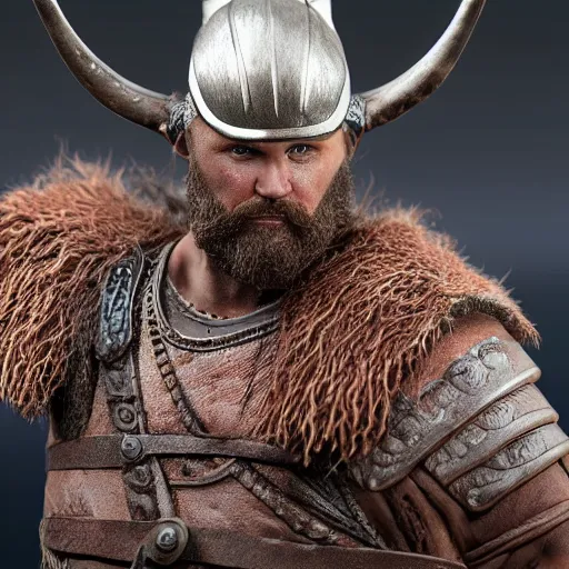 Image similar to of a 3d clay model of a viking from valhalla, wearing the horned helmet ultra fine detail, hair strands, ultra high resolution, fine texture detail, miniature painting techniques, perfect proportions, marvel cinematic universe, eric bana