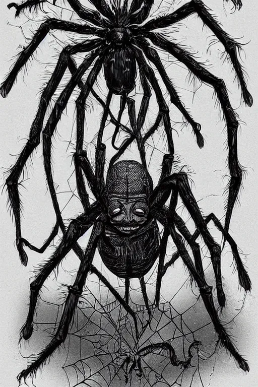 Prompt: portrait of a grotesque man spider wrapped in thick webs. horror art. disgusting.